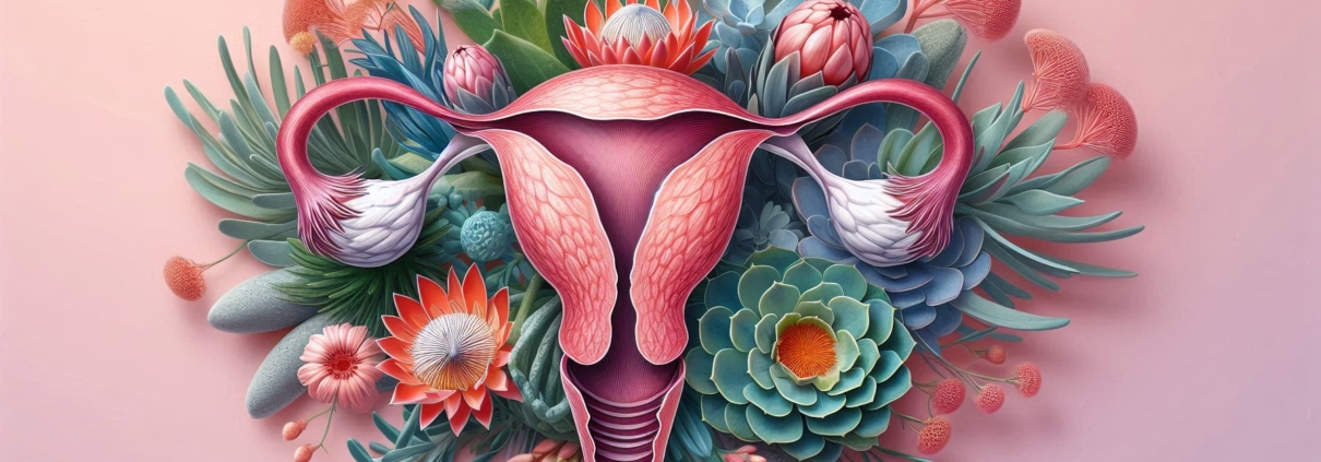 A collection of South African flowers and plants arranged in the shape of a uterus, cervix, and ovaries diagram.