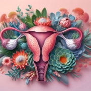 A collection of South African flowers and plants arranged in the shape of a uterus, cervix, and ovaries diagram.