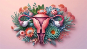 A collection of South African flowers and plants arranged in the shape of a uterus, cervix, and ovaries diagram.