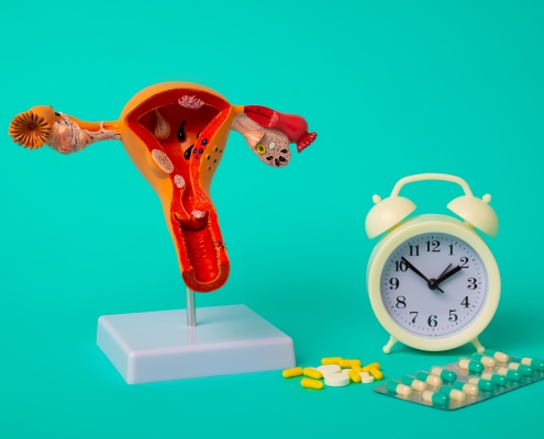 An anatomical model of a woman’s womb with a clock and medication comparing uterine fibroid embolisation vs. medication